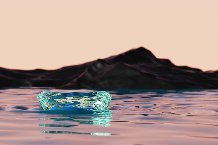 Green crystal or gem display podium on river beach mountain or oasis silhouette style luxury elegant on water surface, water wave and ripple in sunset. cosmetic products or skincare. 3D Illustration.の写真素材
