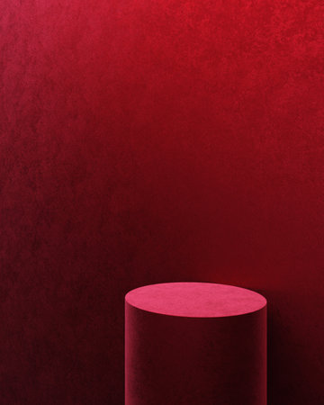 platform velvet product display commercial advertisement luxury brand name extravagance fancy deluxe grand red velvet wall deep. space for cosmetic skin care serum and fashion. 3D Illustration.の写真素材