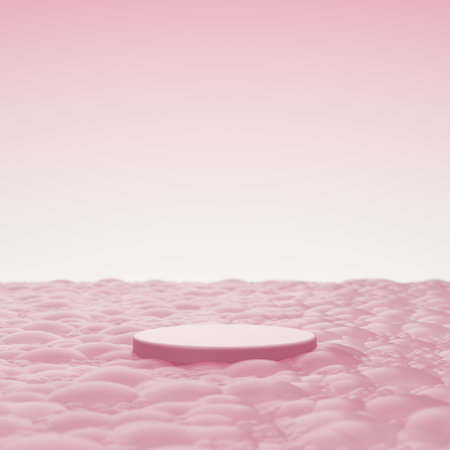 Stage podium pink bubbles float clean washing baby concept pastel detergent shampoo soap liquid bath stand product display. platform placing products fashion cosmetics skincare. 3D illustration.の写真素材