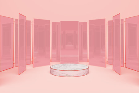 platform pink makeup stand display stick short round circle product standing podium advertisement sweet girl small 3d glass mirror design. Space placing products fashion and cosmetic. 3D Illustration.の写真素材