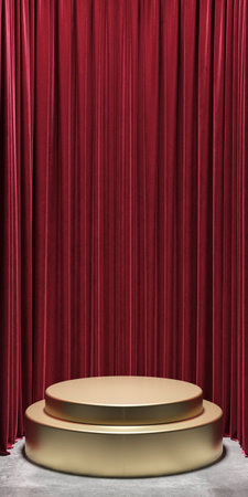 podium stand display product loyal luxury red curtain background showcase and award concept advertisement commercial gold. platform for products fashion cosmetics skincare and beauty. 3D Illustration.の写真素材