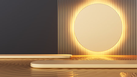 Platform podium golden luxury elegant counter brand circle glow light wall glass backdrop pedestal display float on water with wave and ripple. cosmetic beauty products or skin care. 3D Illustration.の写真素材