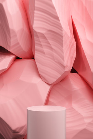 standing podium stand rock short circular display for product cosmetics fashion extract pink tall stone strong background ice iceberg cool. pedestal placing skincare beauty product. 3D Illustration.の写真素材
