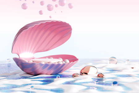 Platform and podium pearl shell pink oyster sea sand white shine water seabed gemstone ocean iridescent natural stone display advertisement luxury stand cosmetic and beauty products. 3D Illustration.の写真素材