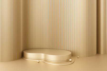 Platform product display advertising luxury elegant gold stand step slats battens interior shop minimal modern curve round backdrop scene event background props photo booth studio. 3D Illustration.の写真素材