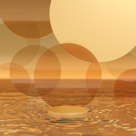 pedestal podium golden circle floating on sea and ocean in the mood of sunrise or sunset with clear glass circle bubble idea. showcase for placing products cosmetics skincare drink. 3D illustration.の写真素材