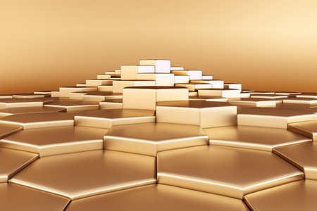 Platform and podium golden luxury elegant. hexagon honeycomb shape display stand advertisement steps stairs levels different shiny. pedestal for fashion cosmetic product or beauty. 3D Illustration.の写真素材