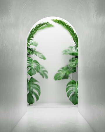 White tunnel natural wall fresh and bright presentation showcase beauty. Plant monstera green concept nature skincare cosmetic display product advertisement backdrop  frosted glass. 3D Illustration.の写真素材