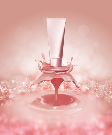 podium pink stage display stand water liquid pink solid splash shape moment capture fresh ripple packaging cream container cosmetics beauty advertisement pink peach skincare product. 3D Illustration.の写真素材
