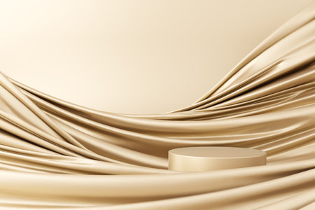 Golden color fabric flow luxury elegant stand display platform product cosmetics beauty product or skincare female advertisement premium hi-end perfume scent wave fashion cloth satin. 3D Illustration.の写真素材