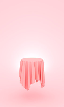 circle tablecloth with stage podium and stand on pink fabric form float on soft pink background. Platform advertising display for restaurant or banquet table and food including drink. 3D illustration.の写真素材