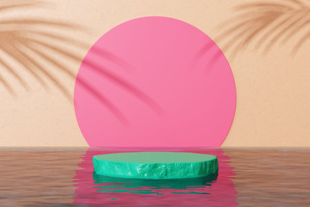 Display shadow palm or coconut tree leaf water summer vibe seaside sea beach pink hot island green stand product platform podium advertisement cosmetic skin care backdrop circle sun. 3D illustration.の写真素材