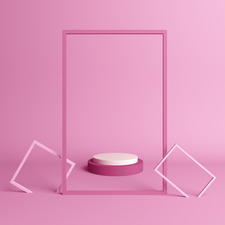 stage podium stand pink pastel square frame minimal model frame 3d background. advertising studio display pedestal placing products fashion cosmetics beauty or skin care. copy space. 3D illustration.の写真素材