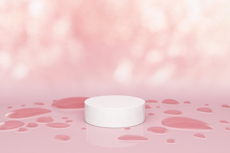 stage podium stand pink pastel with rain pink water drop behind it is a bokeh background. platform for advertising beauty products such as cosmetics, skin care beauty and fashion. 3D illustration.の写真素材