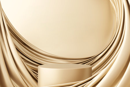 Golden color fabric flow luxury elegant stand display platform product cosmetics beauty product or skincare female advertisement premium hi-end perfume scent wave fashion cloth satin. 3D Illustration.の写真素材