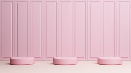 stand podium classic luxury cornices colonial style decorating wainscot wall panel partition pink light pastel form lining interior display. platform fashion cosmetic beauty products. 3D Illustration.の写真素材