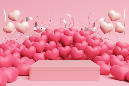 platform pink gold ribbon style pastel full of pink hearts stand product commercial display advertisement cute candy sweet concept confetti celebrate birthday party valentine theme. 3D Illustration.の写真素材