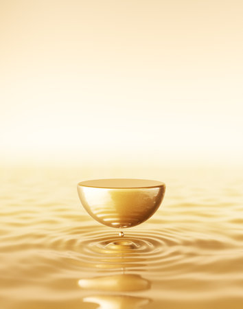 Pedestal golden metallic luxury elegant valuable water, ocean, sea zen style liquid gold ripple wave. Podium beauty product display skincare cosmetics perfume male, feminine high end. 3D Illustration.の写真素材