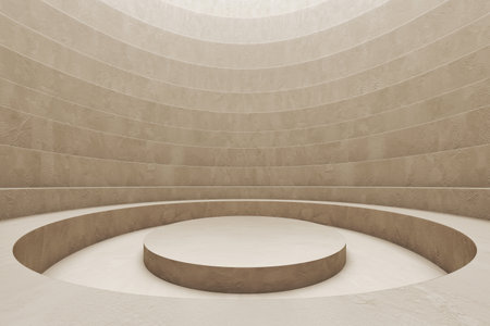 Stage podium stand background. stair step circle arena or festivities in greece athens concept. Gray concrete columns around the platform. display products fashion cosmetics and art. 3D Illustration.の写真素材