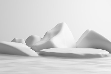 Stone podium display white stone, snow or iceberg on water surface in pond waves ripple in cool cold refresh nature. zen spa or onsen hot spring. pedestal cosmetic product skincare. 3D Illustration.の写真素材