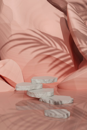 platform shadow podium product commercial staircase stone podium or display fresh sweet advertisement cosmetic skin care pink light shadow summer vibe palm leaves rock stone surface. 3D Illustration.の写真素材