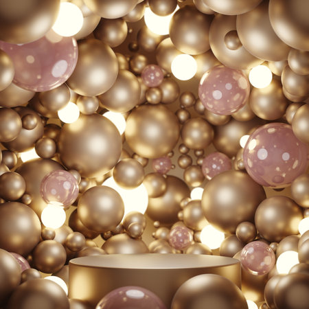 Platform podium circle beige gold. Sphere bubble pearl glow light gem shine pink crystal luxury elegant premium high end. Pedestal display show cosmetic, beauty products or skincare. 3D Illustration.の写真素材