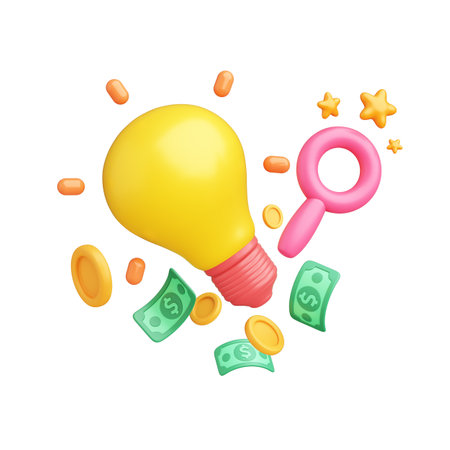 Light bulb object dollar yellow coin, magnifying glass on white background. Profit trading finance successful business investment strategy. Wealth or dividend payment.の写真素材