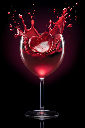 Wine glass and red wine splash with ice heart on black background Studio lighting. The concept is cheers, dating, couples celebrating on their wedding or Valentine. Generative Ai.の素材