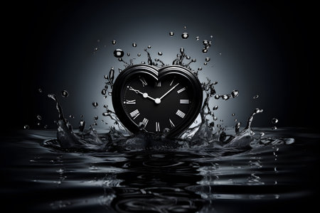 Classic black heart clock on the water. Splash and ripple on black background studio lighting. The reflection of water surface. Concept is time, heartbreak, sadness. Generative Ai.の素材