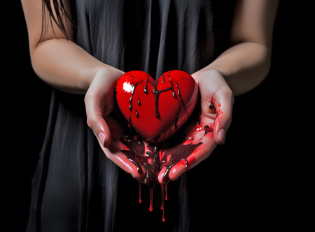 Girl in black dress holding red heart covered hand red blood dripping black background. Concept of heartbreak, disappointment, sadness, discouragement, despair. Generative Ai.の素材