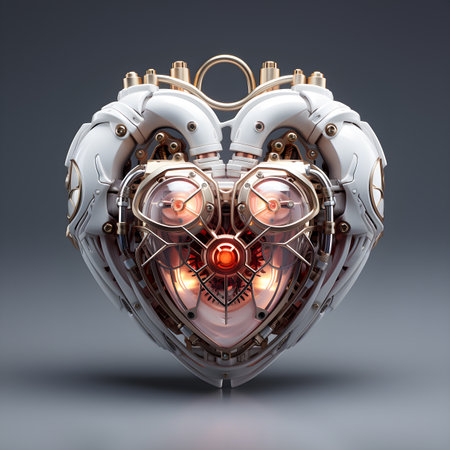 White heart robot or artificial heart on a gray background Studio lighting. red glowing machine material is steel. medical technology. Concept innovation futuristic. Generative Ai.の素材