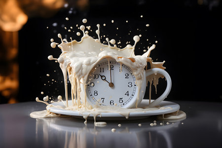 Milk mug and clock. splashed milk on the table black background. The idea is wake time, active, appointment, work, business, morning milk. nutrition with calcium. Generative Ai.の素材