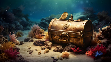 An ancient golden pirate treasure chest lies underwater on sea and ocean floor inside the cave surrounded by coral, rocks, shells water turquoise shining light. Generative Ai.の素材