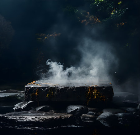 Stone podium. rock pedestal in cave dark damp rain forest on black background with fume, dust, moss, fern. Platform product display shining light and stream. Generative Ai.の素材