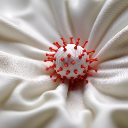 microscopic closeup of red virus, fungi, germs, dirt, deep into white fabric fibers or web. corona virus or covid 19 clothes pandemic fiber cotton attach bacteria. Generative ai.の素材