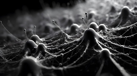 black white microscopic closeup of virus, fungi, germs, dirt, deep into fabric fibers or web. corona virus or covid 19 clothes pandemic fiber cotton attach bacteria. Generative ai.の素材