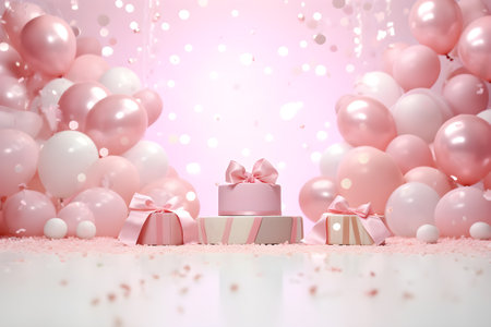 Cute gift box, balloon pink pastel podium display glitter, confetti shining girly cute celebrate sweet bokeh backdrop. love gift birthday party, Christmas, New Year. Generative Ai.の素材