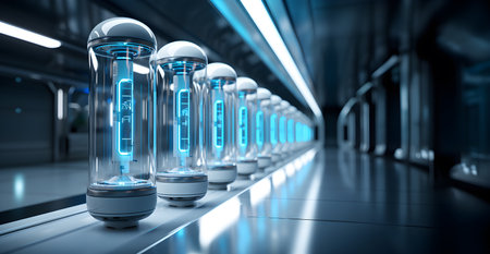 test tube blue transparent large energy capsule tube glow power generation Energy storage batteries in manufacturing plant future of energy futuristic background. Generative Ai.の素材