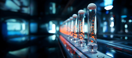 Transparent glass test tube, liquid, dna molecule atom genetic experiment science lab technology dark blue room. biology Science experiment background and Medical. Generative Ai.の素材