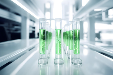 Transparent glass test tube, Liquid, Green substance, Virus vaccine on table in white room or clean room Science experiment, Medical, Pharmaceutical production. Generative Ai.の素材