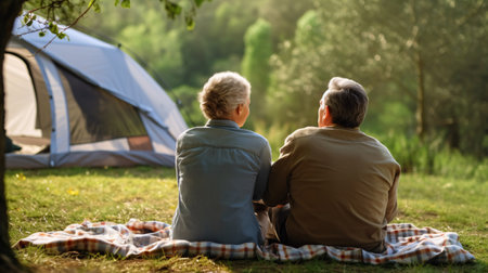 old man and old woman couple Go on a camping trip on the lawn among the forests and mountains of the calm and warmth of elderly. Activities love, romance in family. Generative Ai.の素材