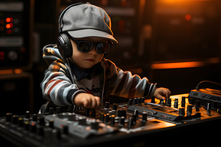 Kid dj in headphones black glasses mixing music on sound mixer scratch dj playing on stage having fun party In nightclub with spotlights. Future dream job children. Generative Ai.の素材