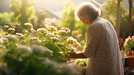 Gray-haired old woman standing happily alone in her planting flowers in pots. old woman who likes to grow flowers as a hobby, loneliness or left at home. Generative Ai.の素材