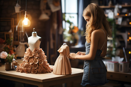 Young girls are designing fashion clothes in a room with hanging lamps. On the table there is a mannequin. tailoring activity on the model. future dream job. Generative Ai.の素材