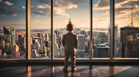Child businessman. Chief Executive Officer. A boy in a brown suit stands with his back looking at a tall glass window in a room on a tall building, skyscraper. Generative Ai.の素材