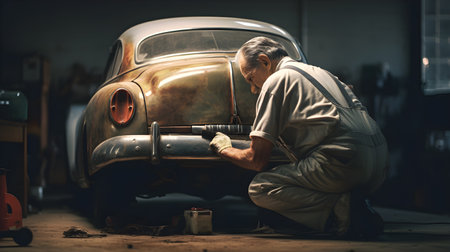 An elderly man repairing a car in an old garage alone. An old man who likes to collect old cars or antique cars. Leisure activities, hobbies after retirement. Generative Ai.の素材