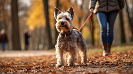 woman take your miniature schnauzer for a walk alone in a shady park autumn leaves. Take your dog outside for exercise, defecating. walk with your dog. Generative Ai.の素材