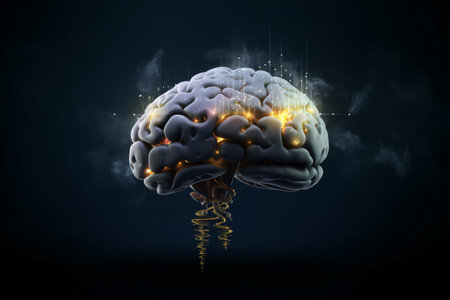 The abstract human brain glow with fog. nerve fibers are electric. concept is Genius, creativity, imagination, inspiration Science and technology. Generative Ai.の素材