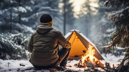 A man wearing a winter hoodie and a wool hat sits warming himself by a fire in a snowy pine forest with a bonfire, tent. The concept is traveling, hiking alone. Generative Ai.の素材