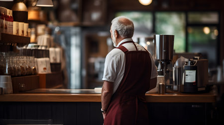An elderly male barista in an apron making coffee Stand by the counter in a coffee shop or cafe. An old man opens a coffee shop after retirement or hobby activities. Generative Ai.の素材